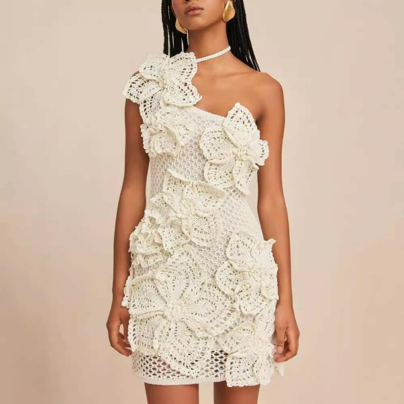 New Crocheted Asymmetric 3D Mini Flower Dress