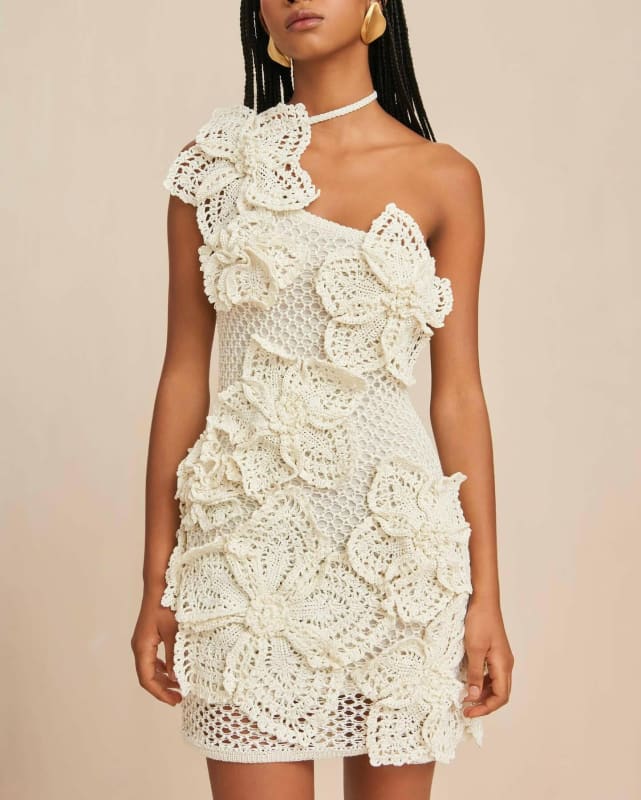 New Crocheted Asymmetric 3D Mini Flower Dress white / S