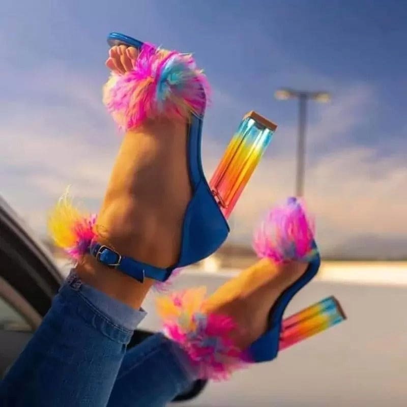 New For Summer Rainbow Crystal Heel Fur Front Sandals