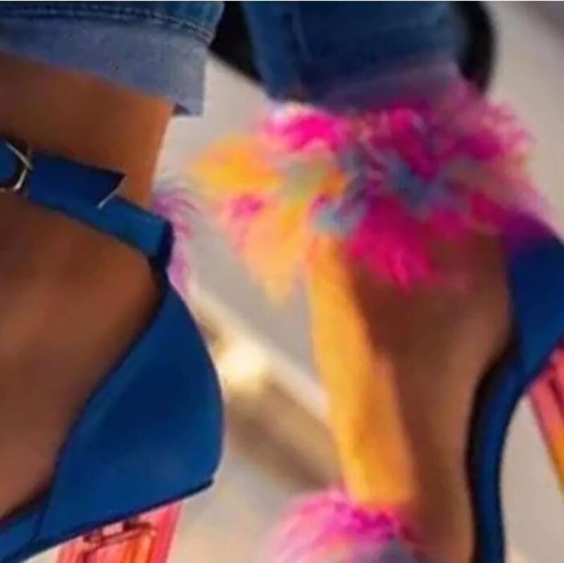 New For Summer Rainbow Crystal Heel Fur Front Sandals