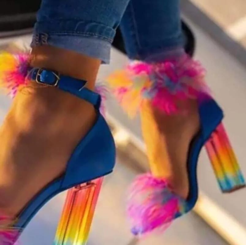 New For Summer Rainbow Crystal Heel Fur Front Sandals