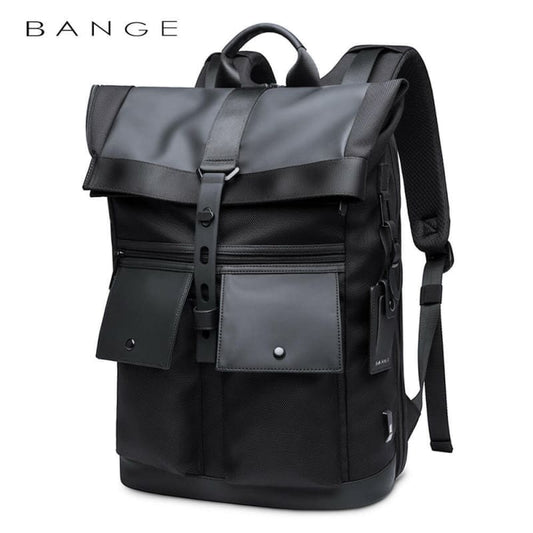 Black roll-top backpack with multiple pockets and straps.