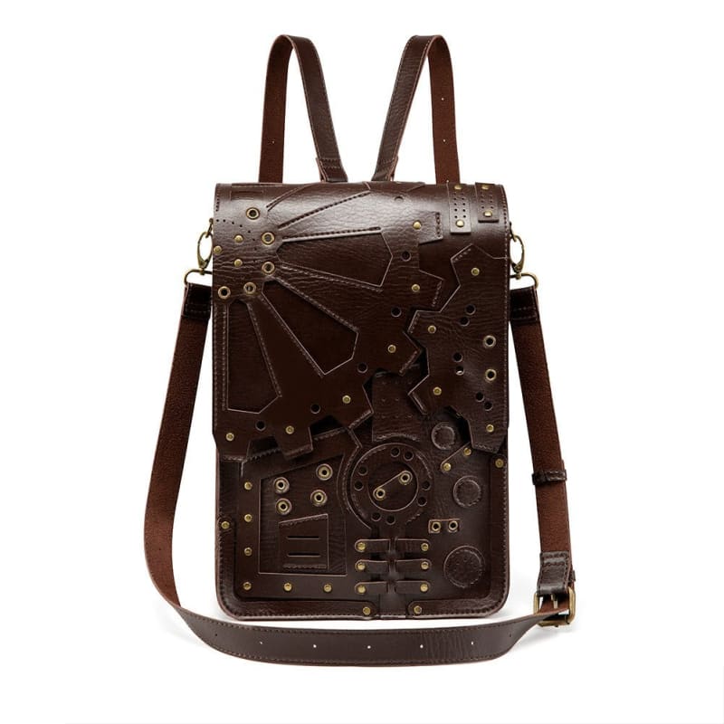 Leather backpack with intricate steampunk-inspired decorative elements on its front panel.