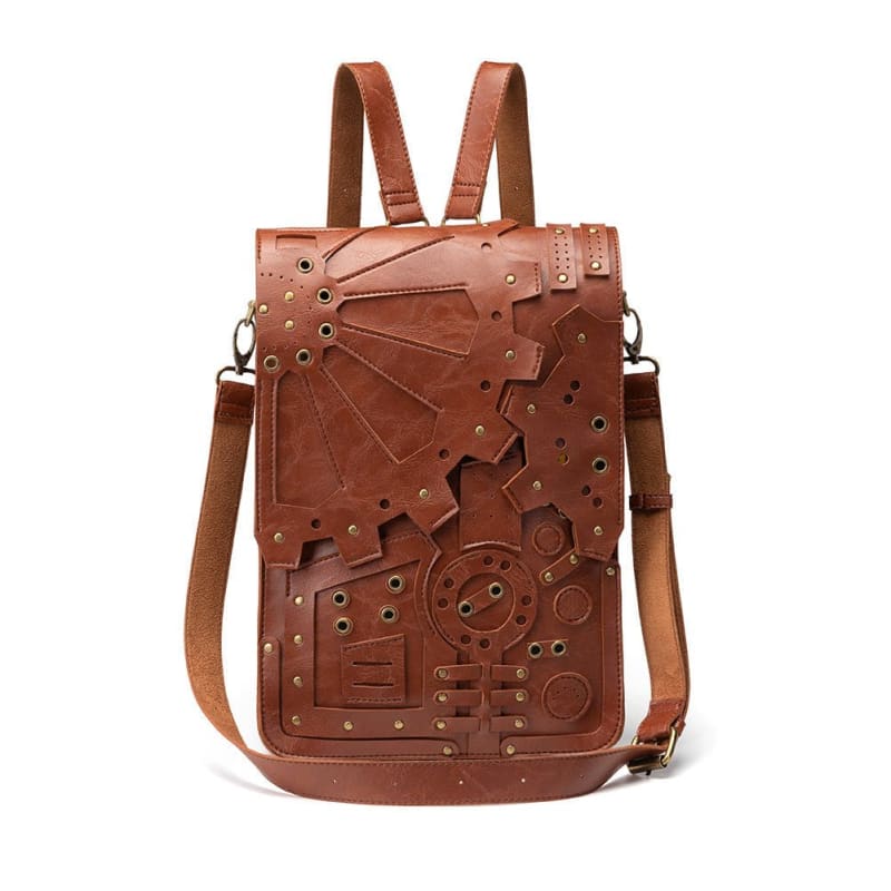 Brown leather backpack with intricate steampunk-inspired gear and mechanical designs on its front panel.