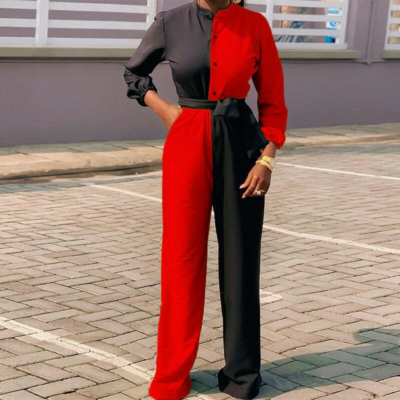 New Two Tone Color Casual Jumpsuit Trousers Womens Red / S