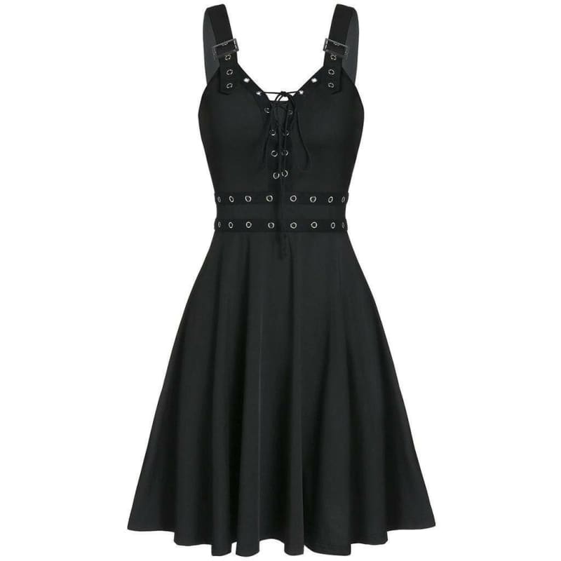 Gothic Punk Panelled Steampunk Slip Dress for Women Black