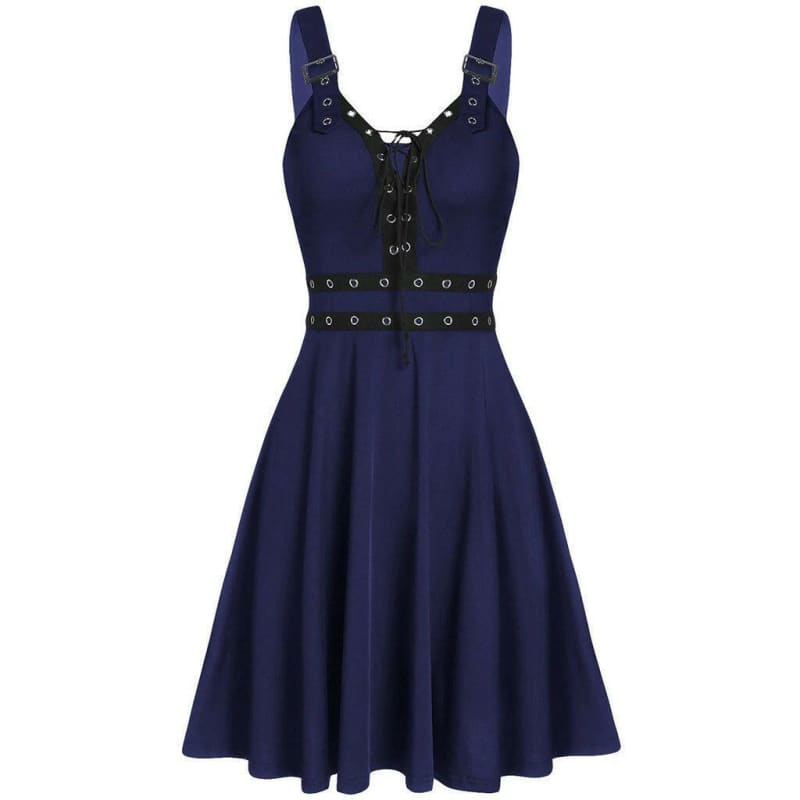 Gothic Punk Panelled Steampunk Slip Dress for Women Blue / S