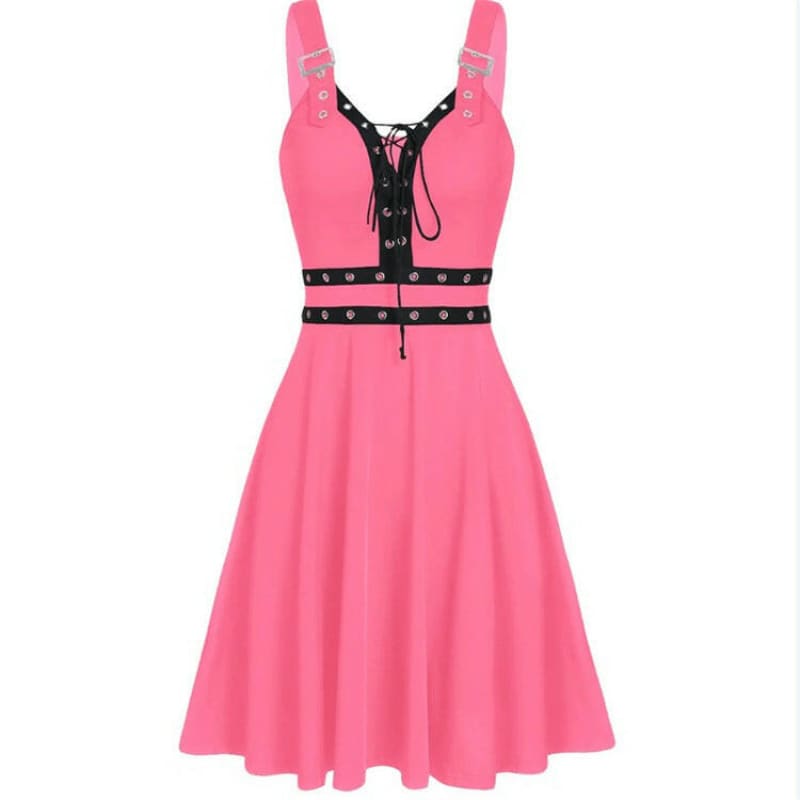 Gothic Punk Panelled Steampunk Slip Dress for Women Pink / S