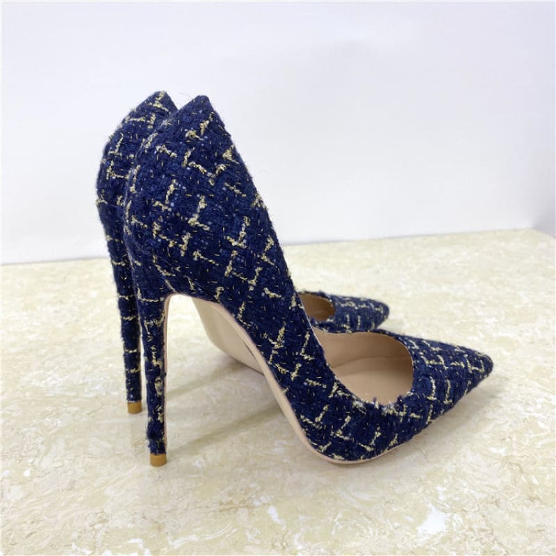 Woven High Heel Stiletto Shoes with Shallow Mouth Dark Blue