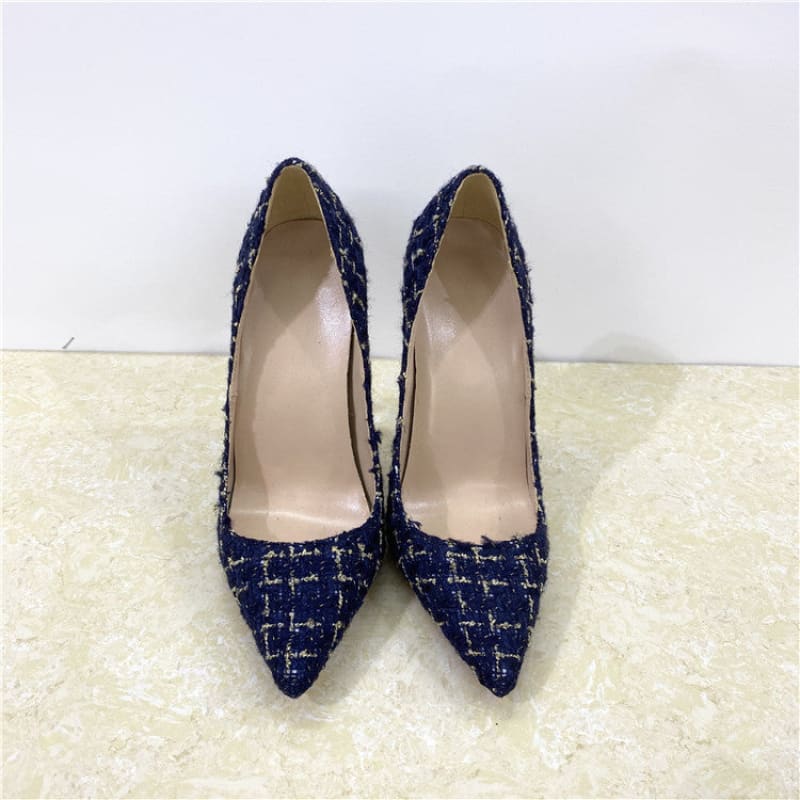 Woven High Heel Stiletto Shoes with Shallow Mouth Dark Blue