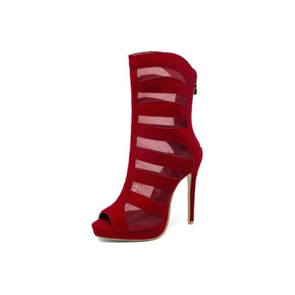 Red high-heeled peep-toe ankle boot with mesh cutout stripes.