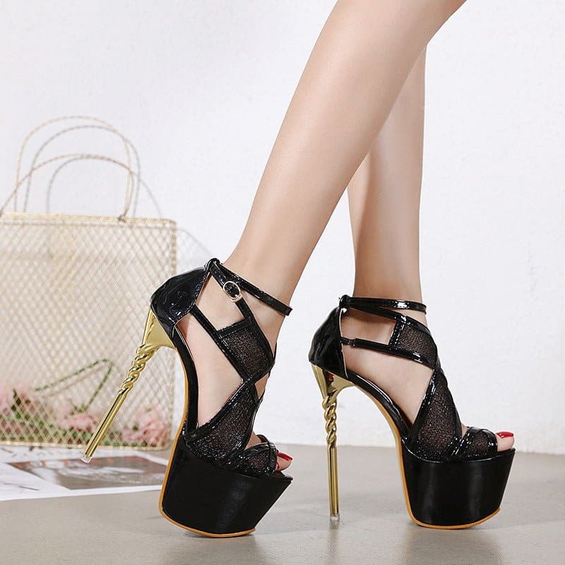 Peep Toe, Twisted Heel, Mesh Design, Strappy High Heel Stiletto Shoes - Pleasures and Sins   Pleasures and Sins