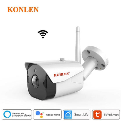 Wireless outdoor security camera with a cylindrical body and protruding antenna.