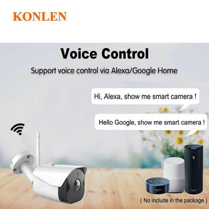 Outdoor security camera with voice control capabilities via Alexa and Google Home.