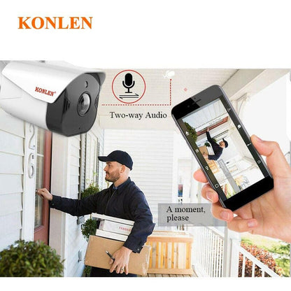 Security camera with two-way audio capability connected to a smartphone app.