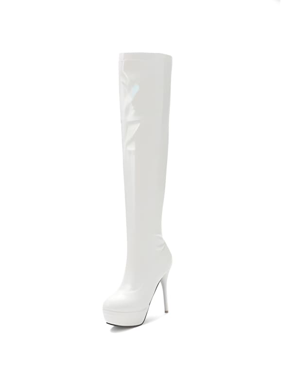 White thigh-high stiletto boot with a platform sole.