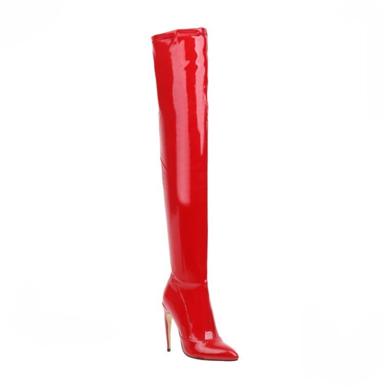 Over The Knee Patent Leather, Pointed Toe, High Heel Womens Boots - Pleasures and Sins   Pleasures and Sins