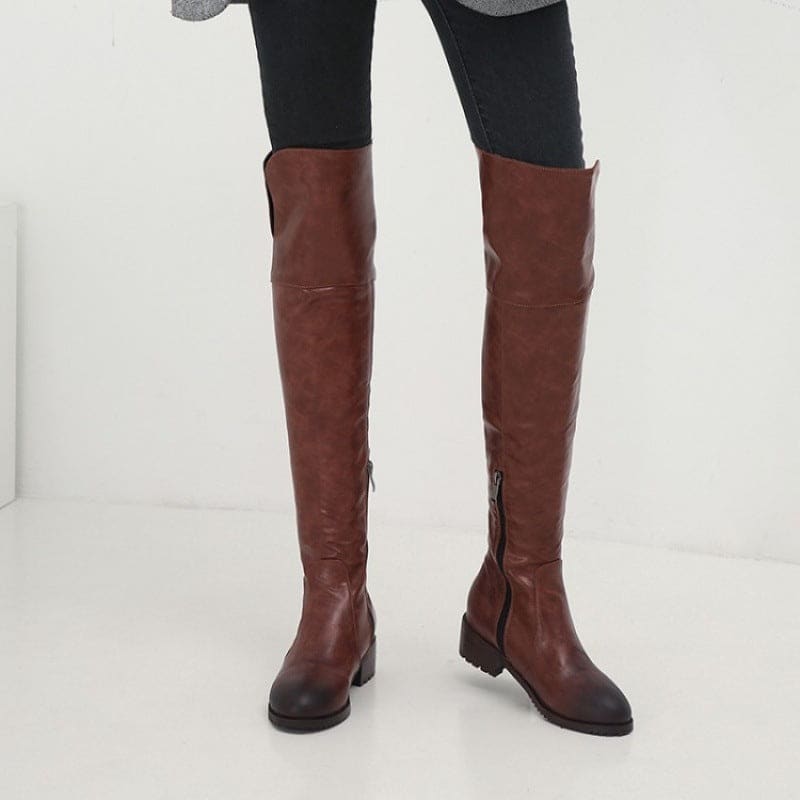 Over the Knee Flat Low Square Heel Ladies Boots