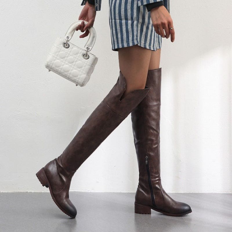 Over the Knee Flat Low Square Heel Ladies Boots