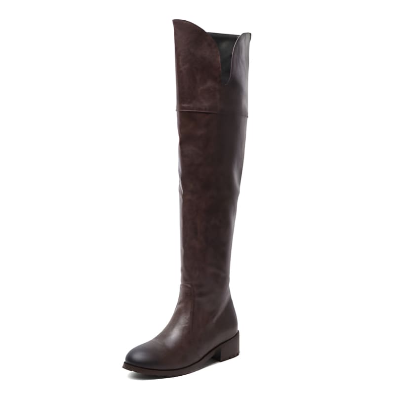 Over the Knee Flat Low Square Heel Ladies Boots Brown / 34