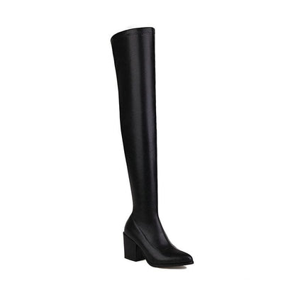 Black leather over-the-knee boot with a chunky heel.