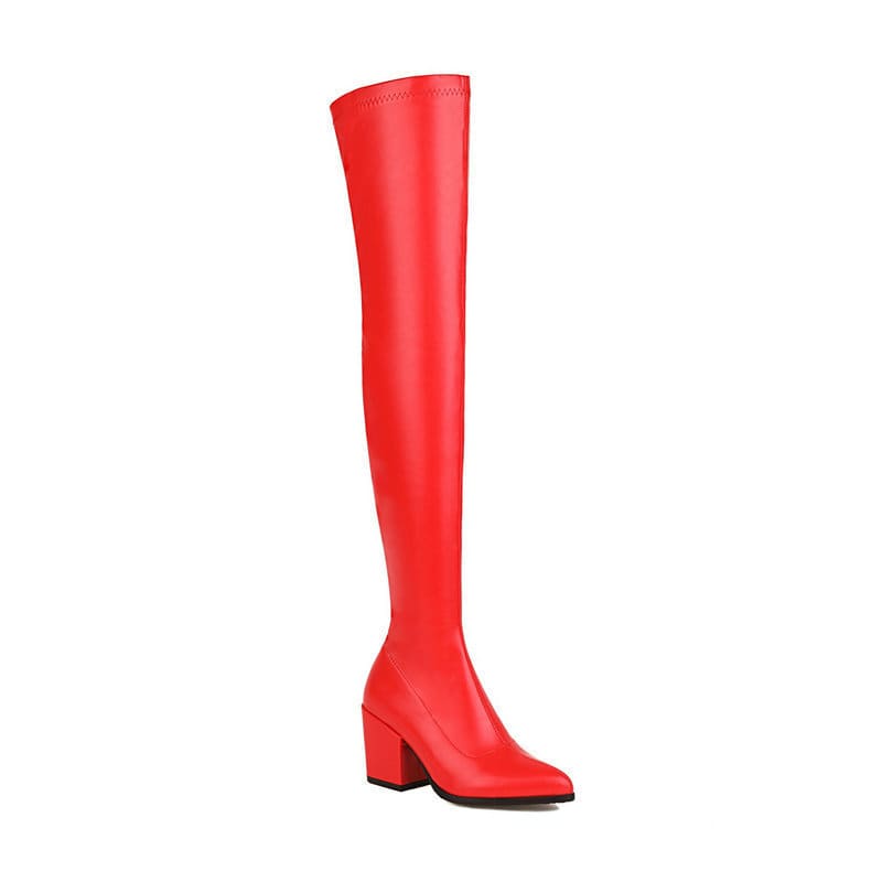 Bright red thigh-high boot with a chunky heel.