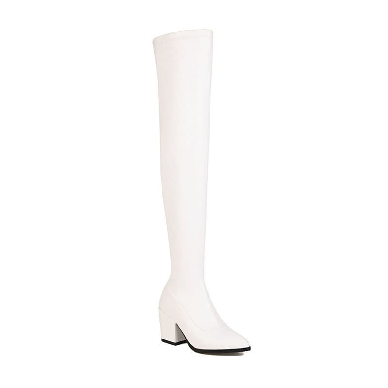 White over-the-knee boot with a chunky heel.