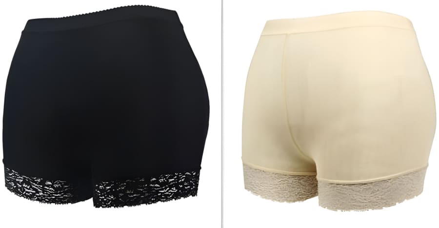 Women’s shapewear shorts with lace trim in black and beige colors.