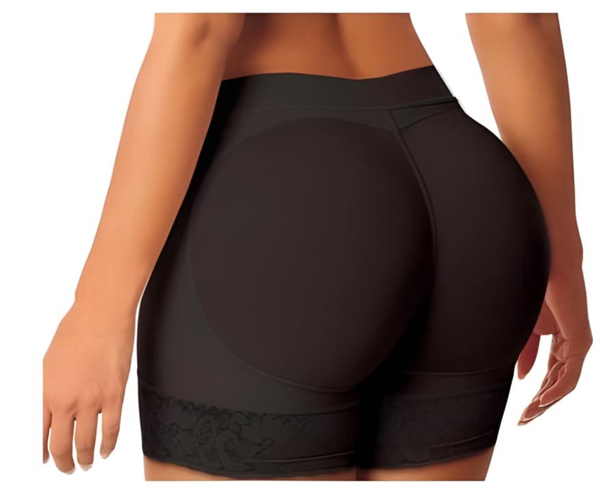 Black form-fitting mini skirt or shorts worn on a person’s lower body.