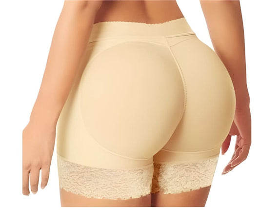 Beige padded shapewear shorts with lace trim at the leg openings.