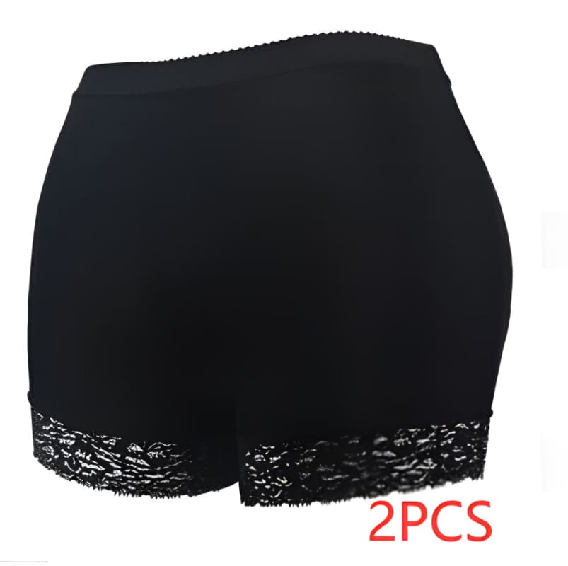 Black shorts with lace trim at the bottom hem.