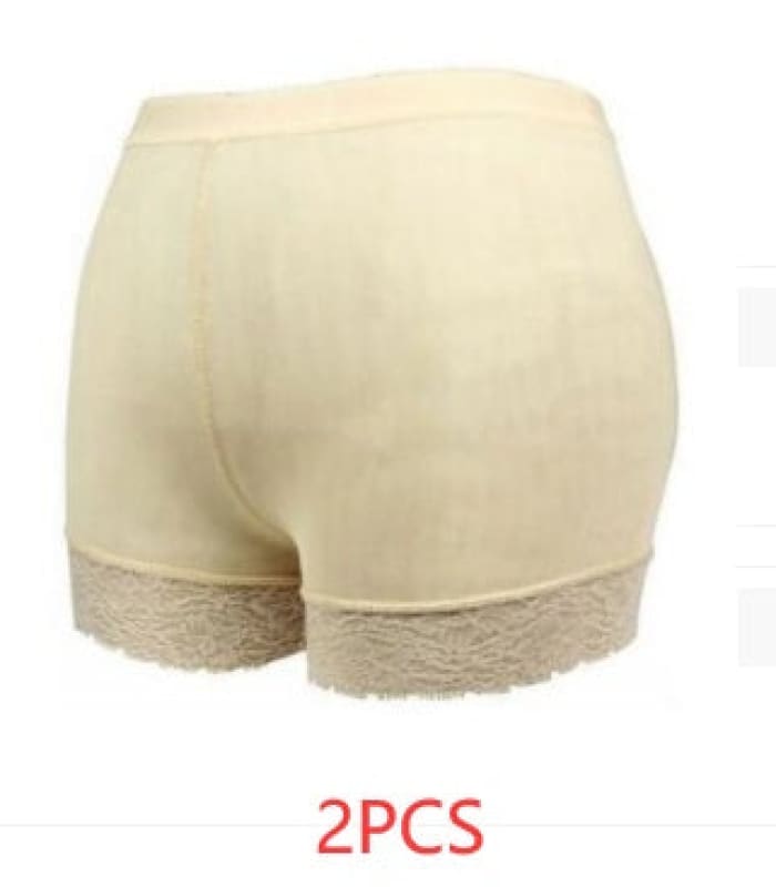 Beige women’s underwear shorts with lace trim at the leg openings.