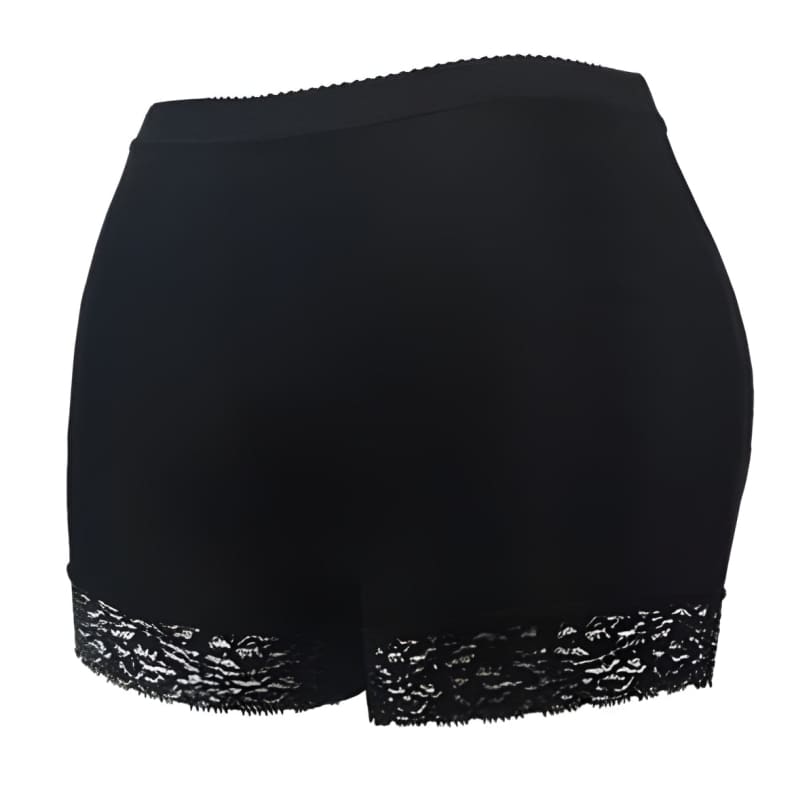 Black shorts or underwear with lace trim along the bottom edges.