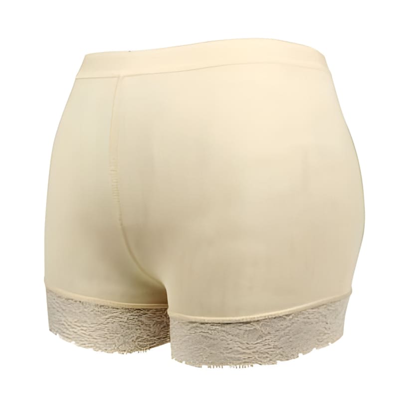 Cream-colored women’s underwear shorts with lace trim along the leg openings.