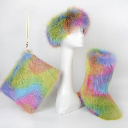 Mannequin head wearing a colorful faux fur hat, with matching boots and handbag.