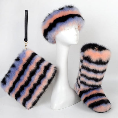 Fluffy winter accessories set in pastel stripes including a hat, boots, and handbag.