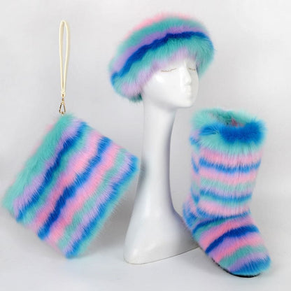 Mannequin head wearing a fuzzy pastel-colored hat, with matching furry boot and handbag accessories.