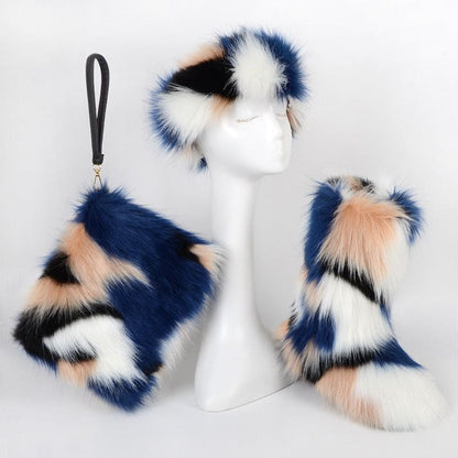 Fluffy, multi-colored fur accessories including a hat, clutch, and boots.