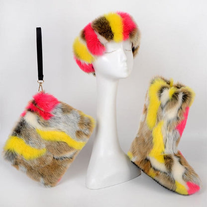 Colorful furry hat, boot, and handbag set with pink, yellow, and brown stripes.