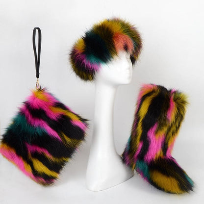 Colorful faux fur winter accessories set including a hat, boots, and handbag.