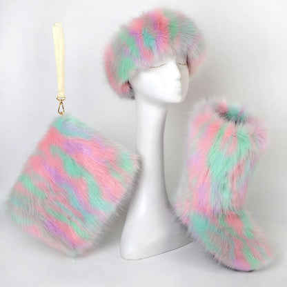 White mannequin head wearing a colorful pastel faux fur hat, with matching furry accessories.