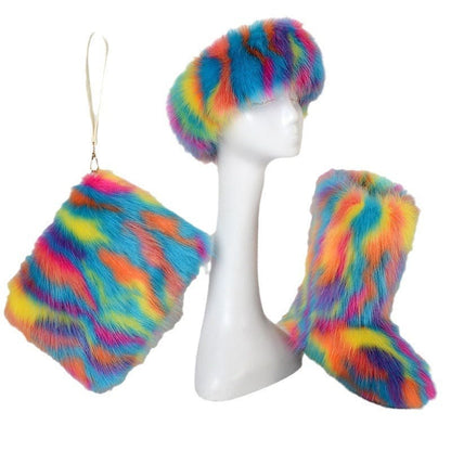 White mannequin head wearing a colorful rainbow faux fur hat, with matching boots and a handbag.