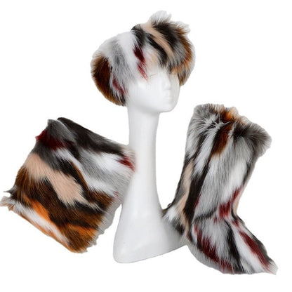 Furry winter accessories set including a hat, scarf, and boots in multicolored faux fur.