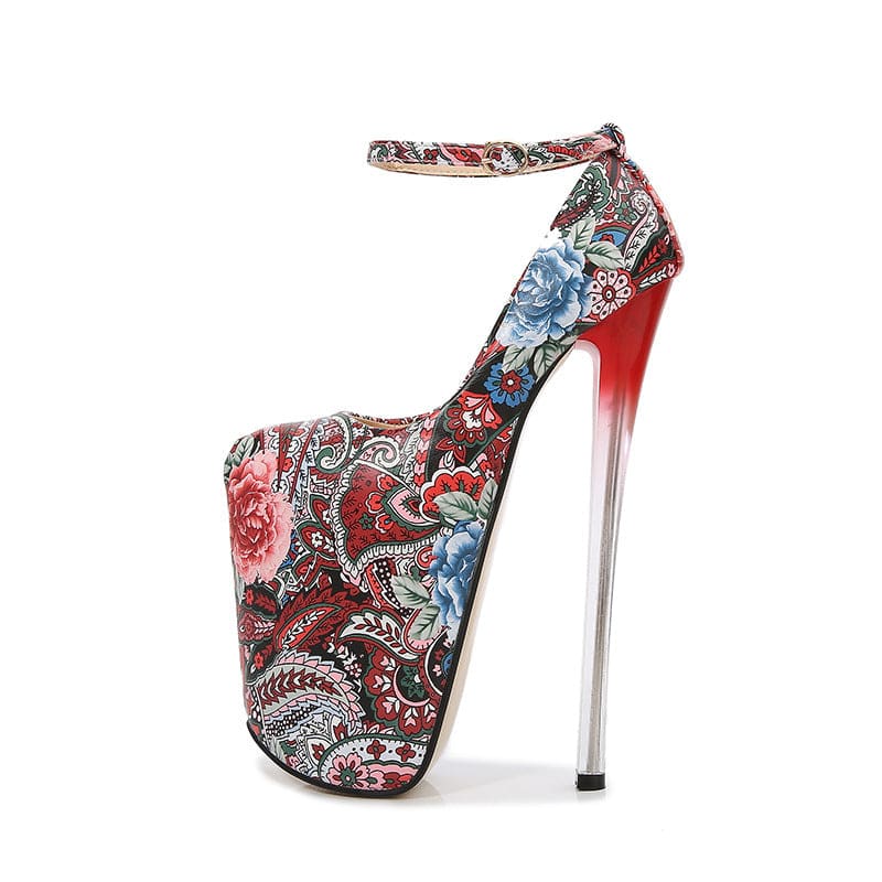 Extremely high platform stiletto heel with a colorful floral and paisley print pattern.