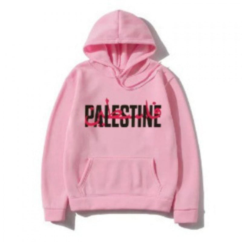 Pink hoodie with ’PALESTINE’ printed in black text on the front.