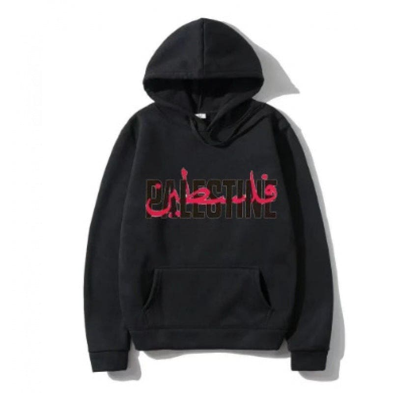 Black hoodie with red Arabic-style text on the front.