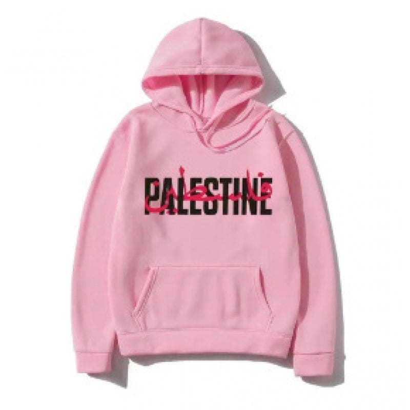 Pink hoodie with ’PALESTINE’ printed in black on the front.