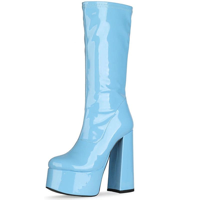 Light blue patent leather platform boot with a tall chunky heel.