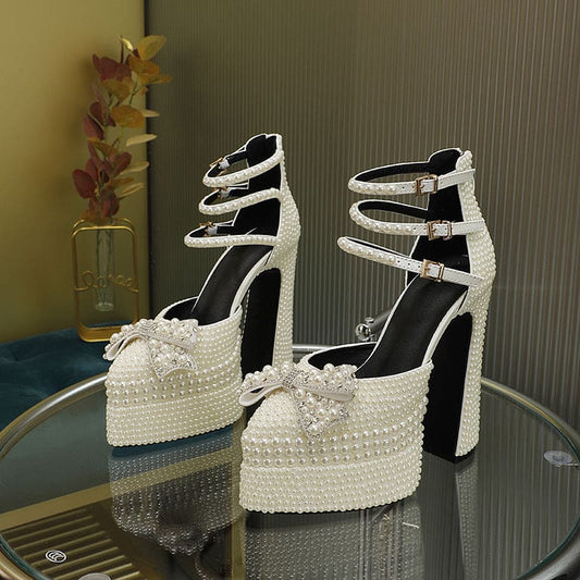 Patent Leather Pearl Encrusted High Platform Heel Shoes