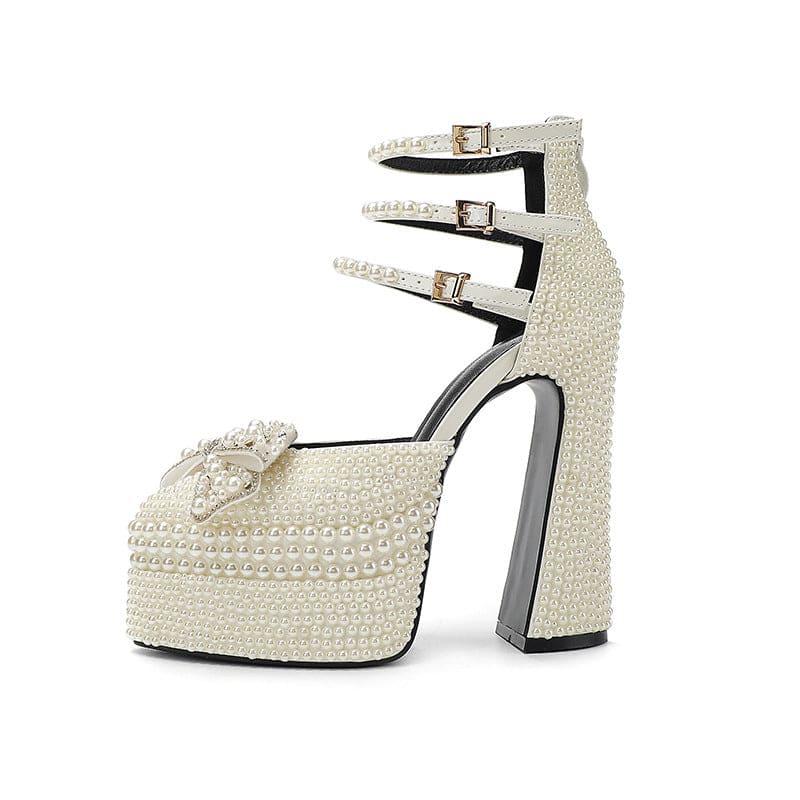 Patent Leather Pearl Encrusted Thick High Platform Heel